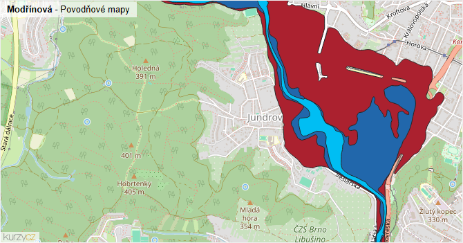 Modřínová - záplavové mapy stoleté vody