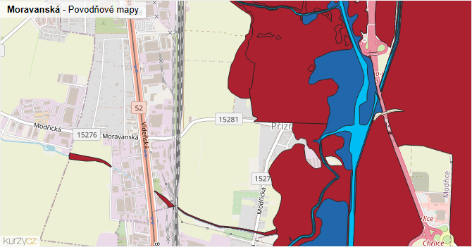 Moravanská - záplavové mapy stoleté vody