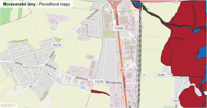 Moravanské lány - záplavové mapy stoleté vody