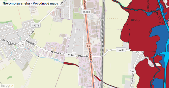 Novomoravanská - záplavové mapy stoleté vody
