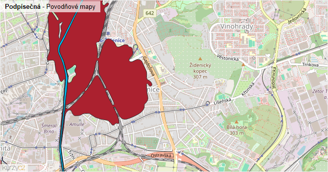 Podpísečná - záplavové mapy stoleté vody