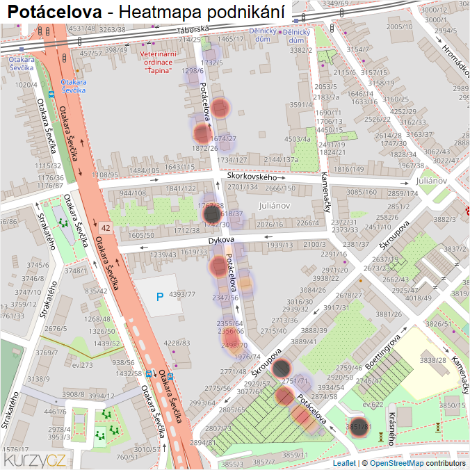 Mapa Potácelova - Firmy v ulici.