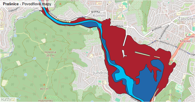 Prašnice - záplavové mapy stoleté vody
