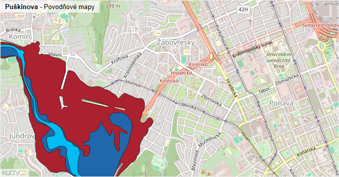 Puškinova - záplavové mapy stoleté vody