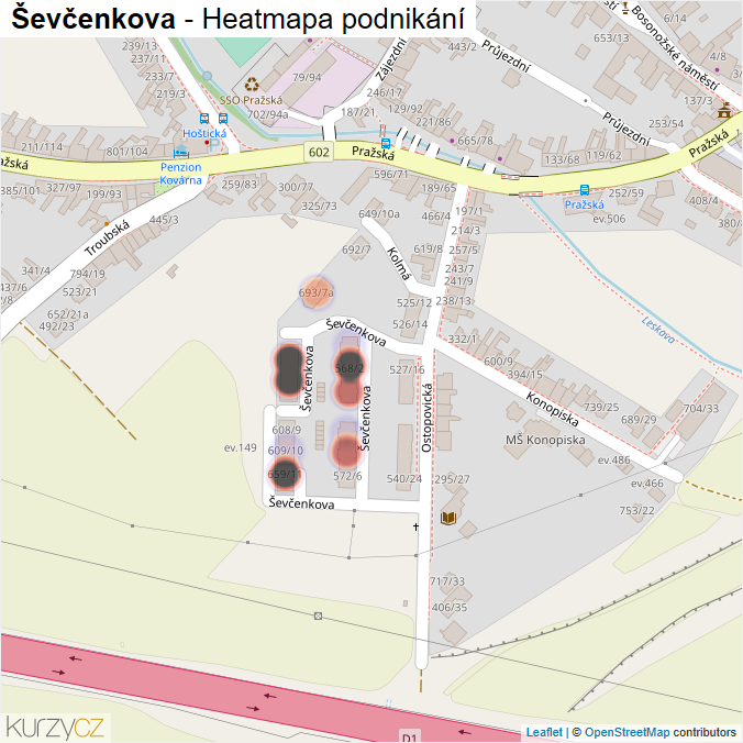Mapa Ševčenkova - Firmy v ulici.