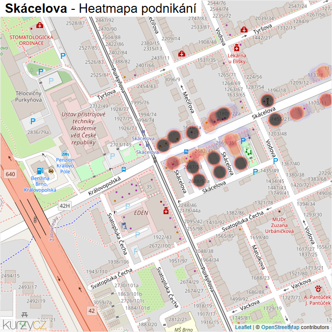 Mapa Skácelova - Firmy v ulici.