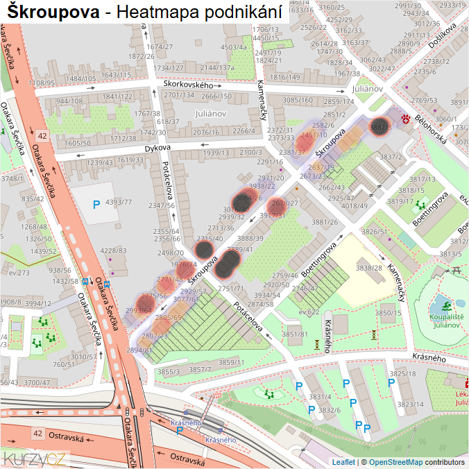 Mapa Škroupova - Firmy v ulici.