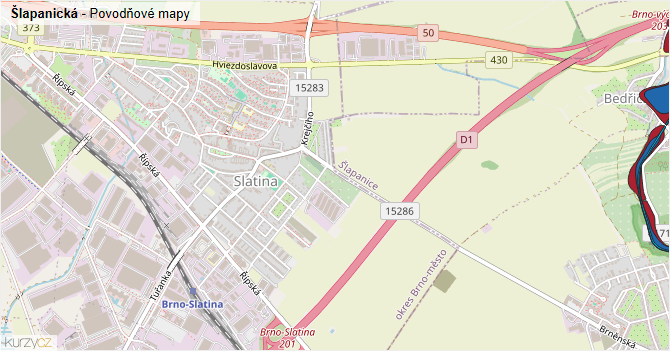 Šlapanická - záplavové mapy stoleté vody
