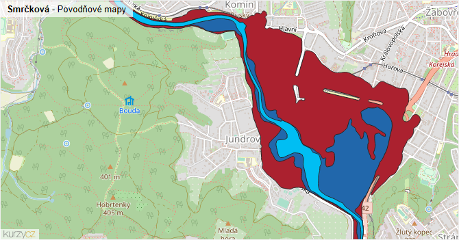Smrčková - záplavové mapy stoleté vody