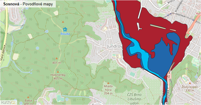 Sosnová - záplavové mapy stoleté vody