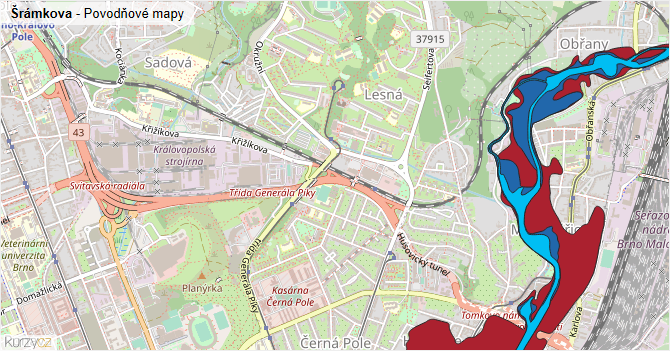 Šrámkova - záplavové mapy stoleté vody