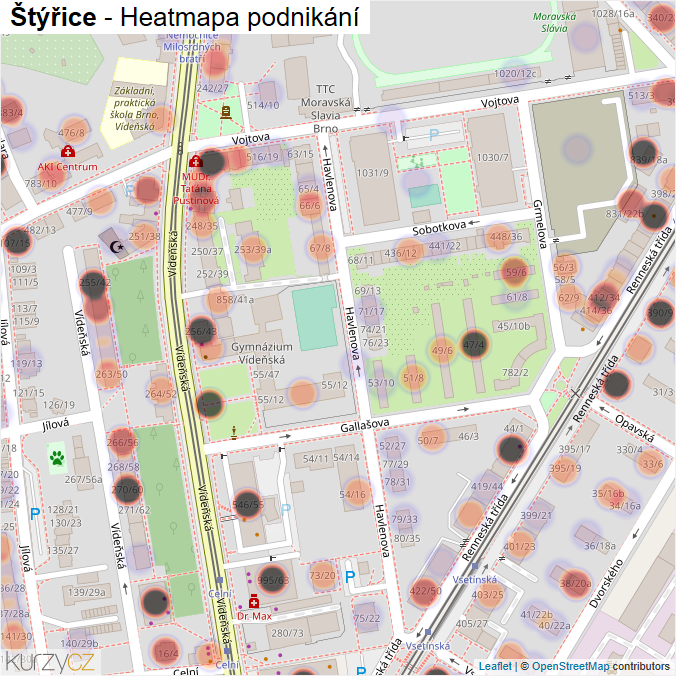 Mapa Štýřice - Firmy v části obce.