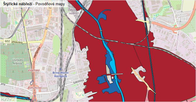 Štýřické nábřeží - záplavové mapy stoleté vody