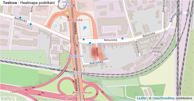 Teslova - mapa podnikání