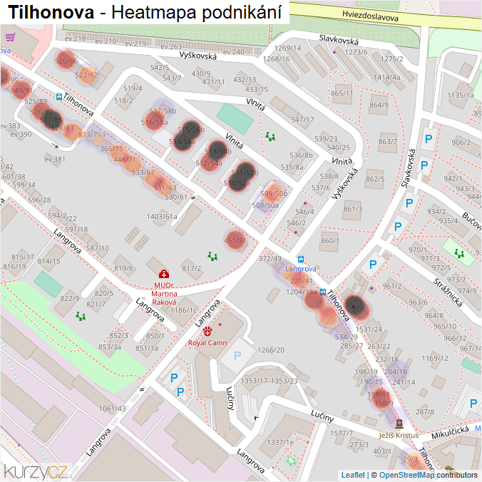Mapa Tilhonova - Firmy v ulici.