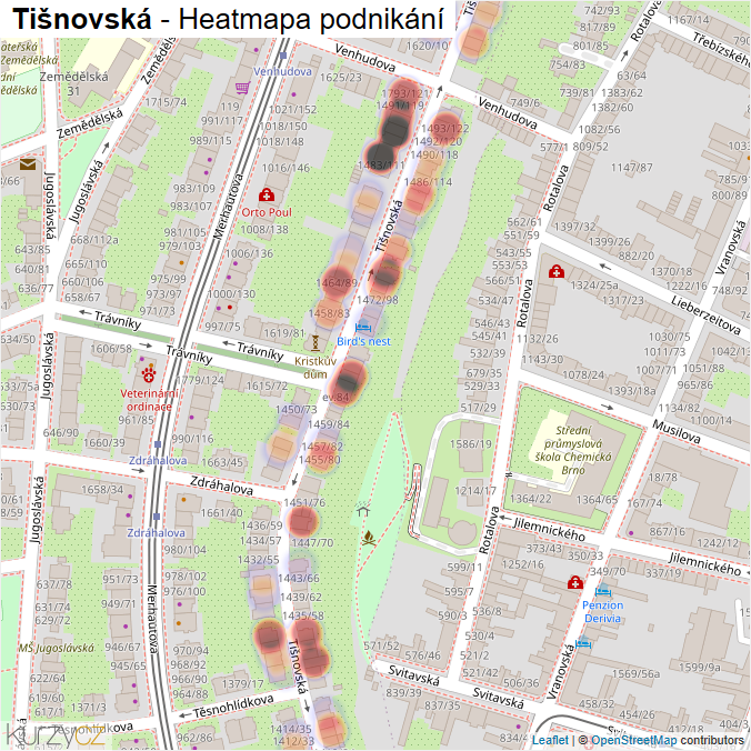 Mapa Tišnovská - Firmy v ulici.