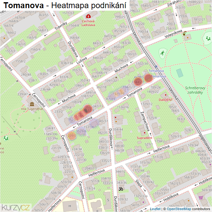 Mapa Tomanova - Firmy v ulici.
