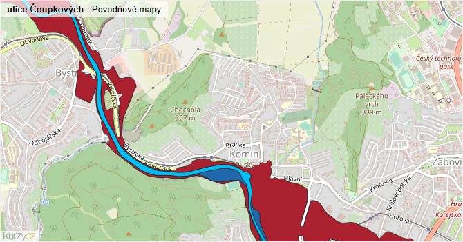 ulice Čoupkových - záplavové mapy stoleté vody