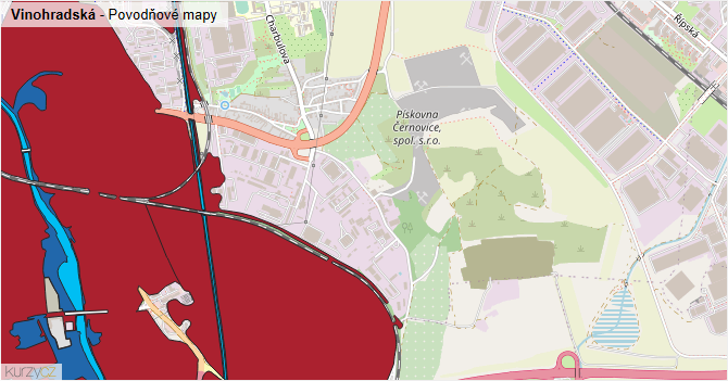 Vinohradská - záplavové mapy stoleté vody