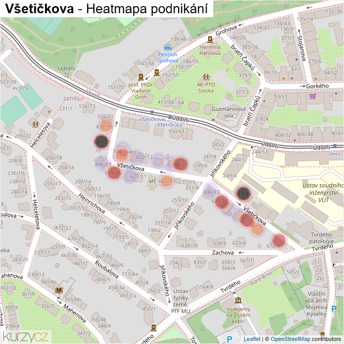Mapa Všetičkova - Firmy v ulici.
