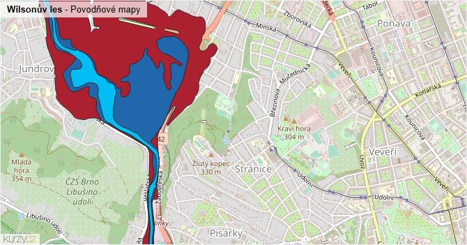 Wilsonův les - záplavové mapy stoleté vody