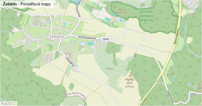 Žebětín - záplavové mapy stoleté vody