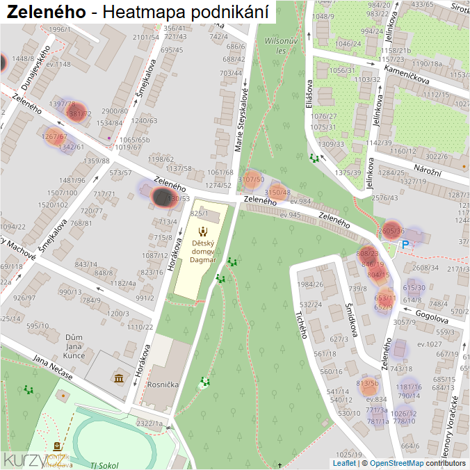 Mapa Zeleného - Firmy v ulici.