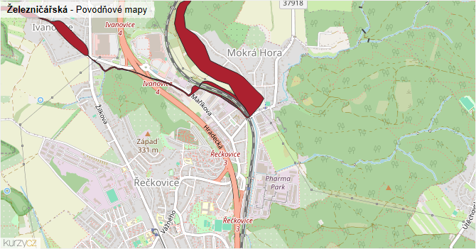Železničářská - záplavové mapy stoleté vody