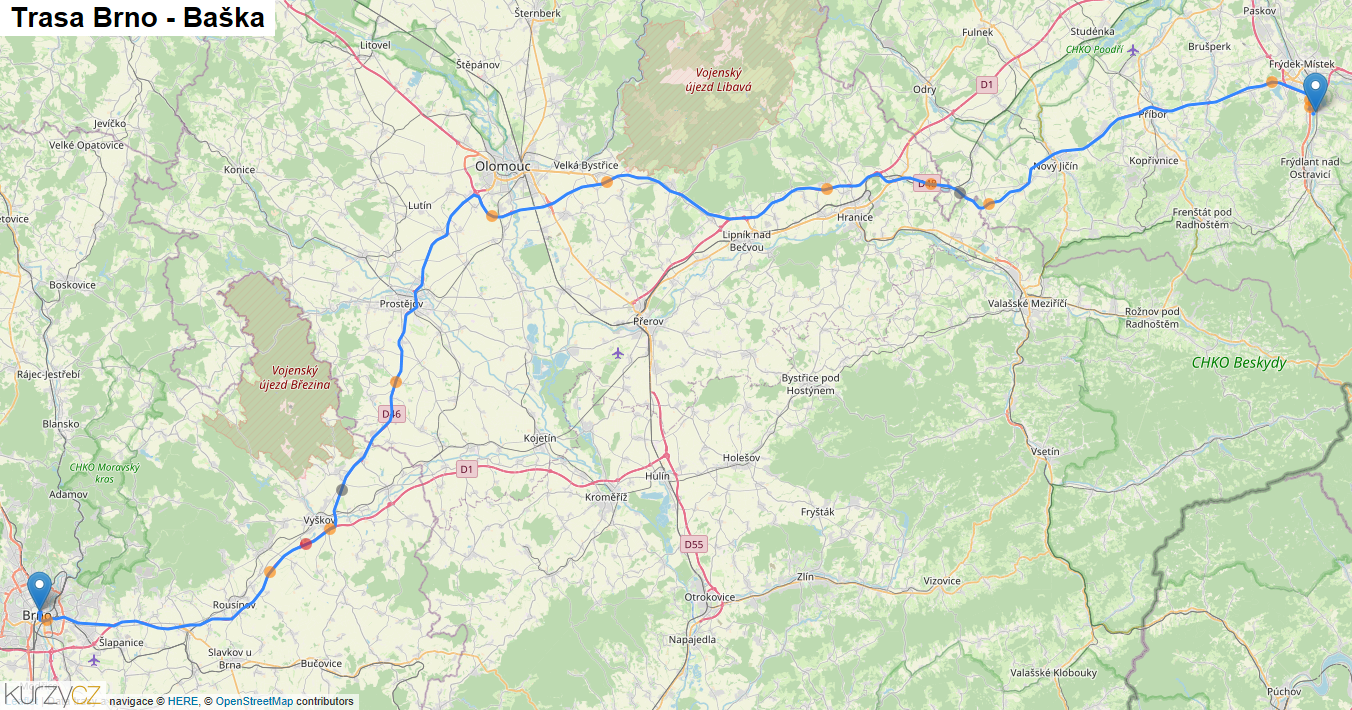 Brno-Baška, mapa trasy