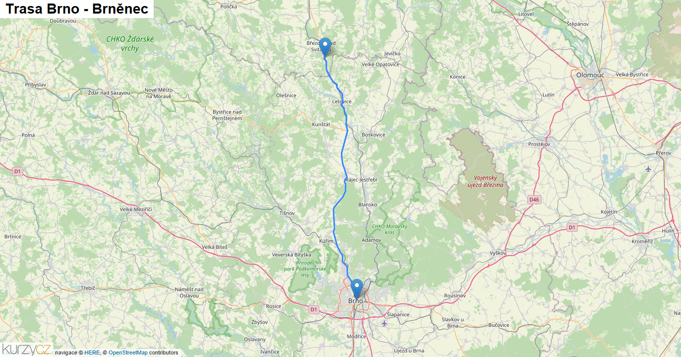 Brno-Brněnec, mapa trasy