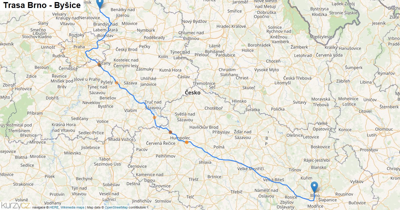 Brno-Byšice, mapa trasy