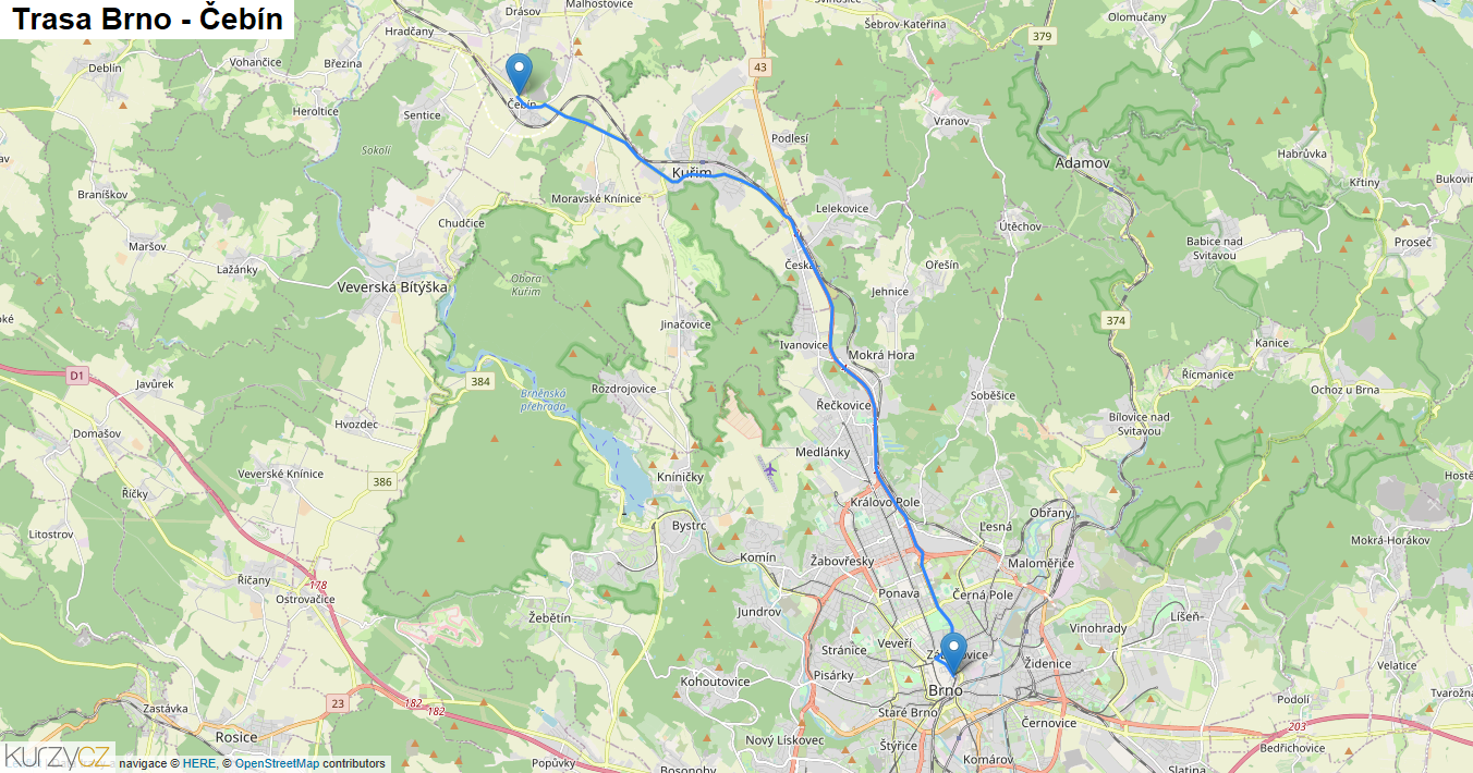 Brno-Čebín, mapa trasy