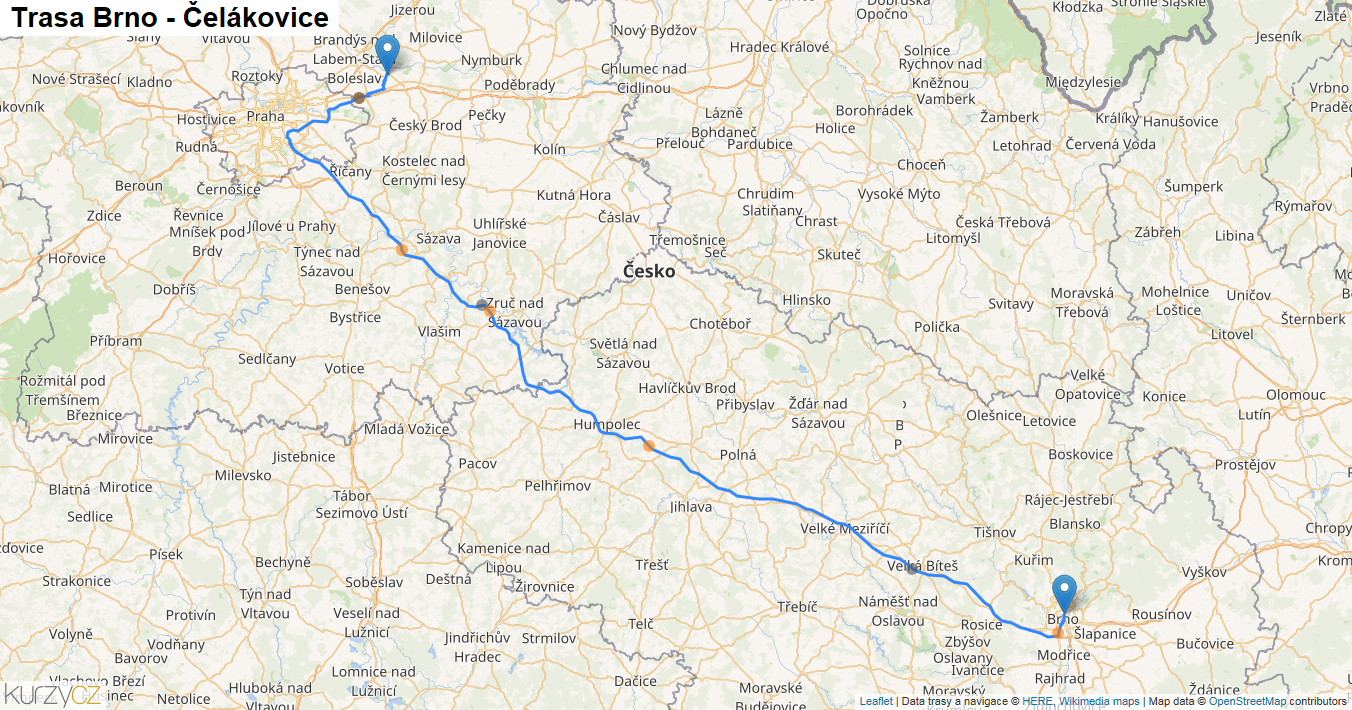 Brno-Čelákovice, mapa trasy
