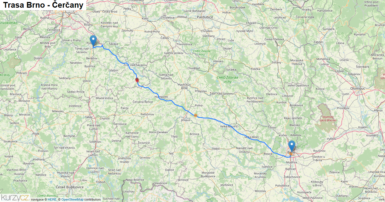 Brno-Čerčany, mapa trasy