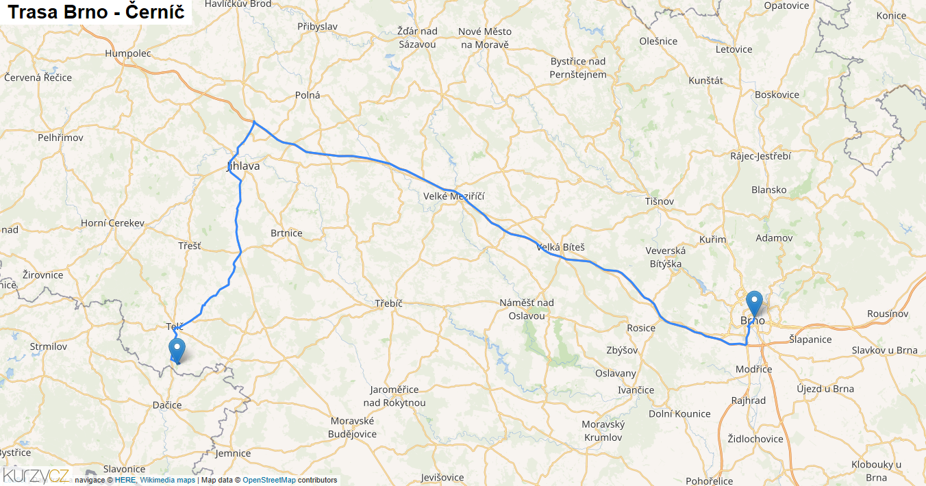 Brno-Černíč, mapa trasy