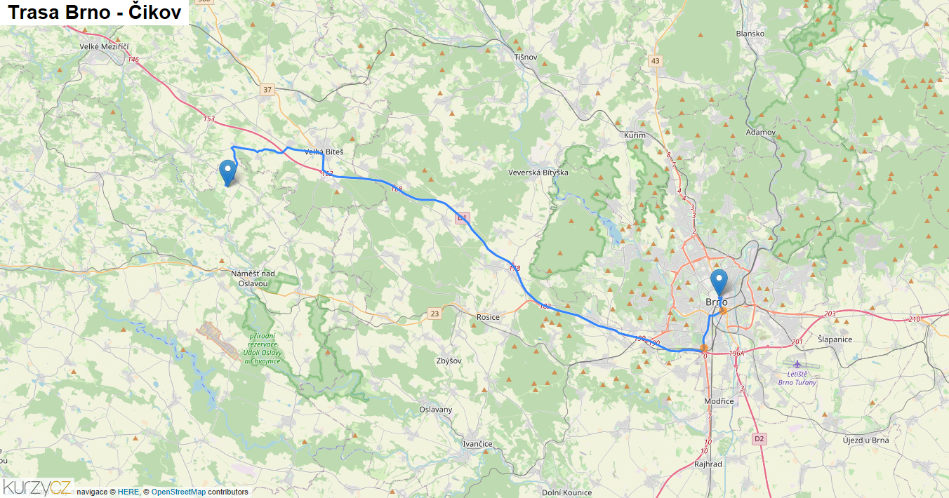 Brno-Čikov, mapa trasy