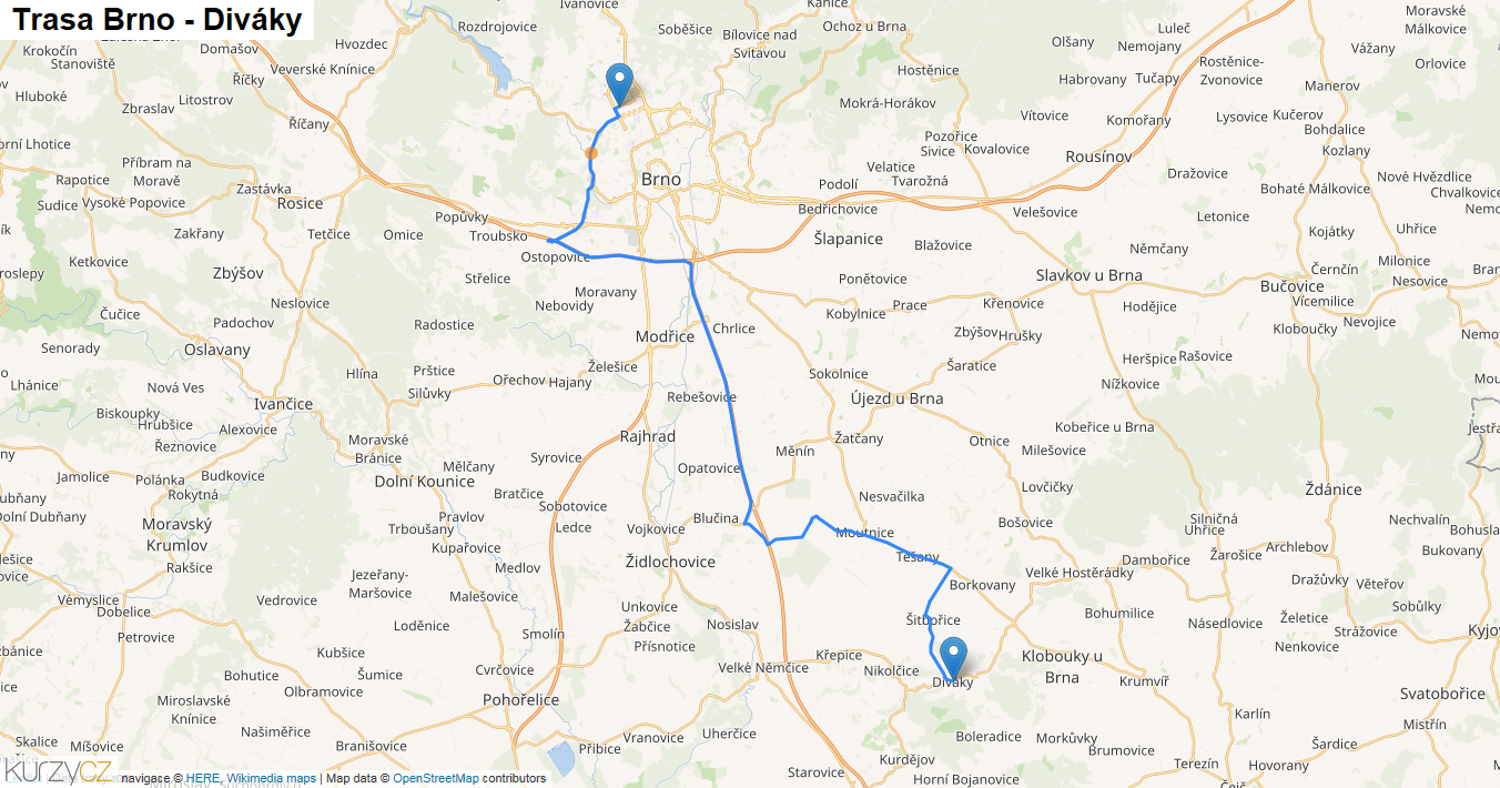Brno-Diváky, mapa trasy