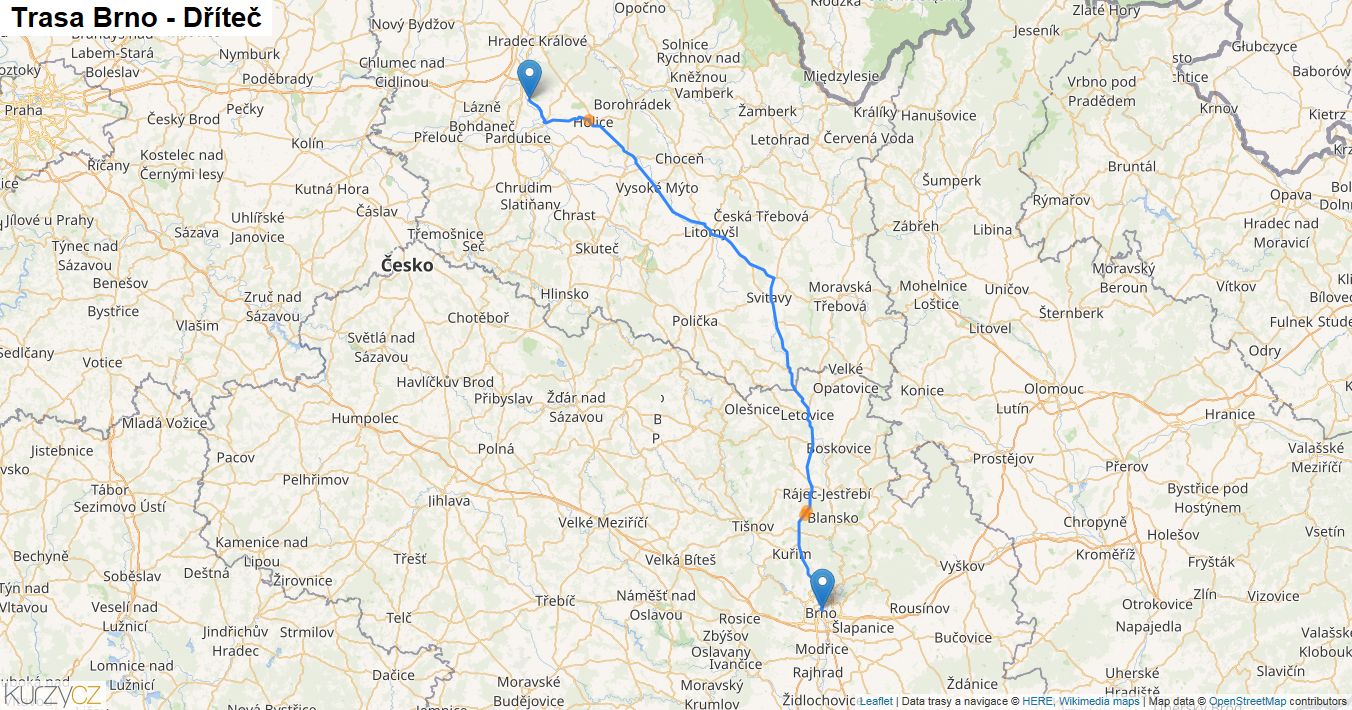 Brno-Dříteč, mapa trasy