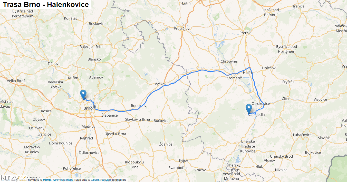 Brno-Halenkovice, mapa trasy