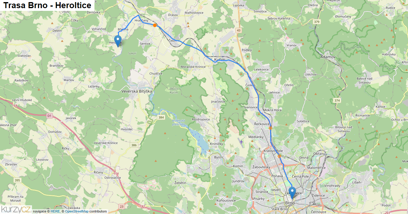 Brno-Heroltice, mapa trasy