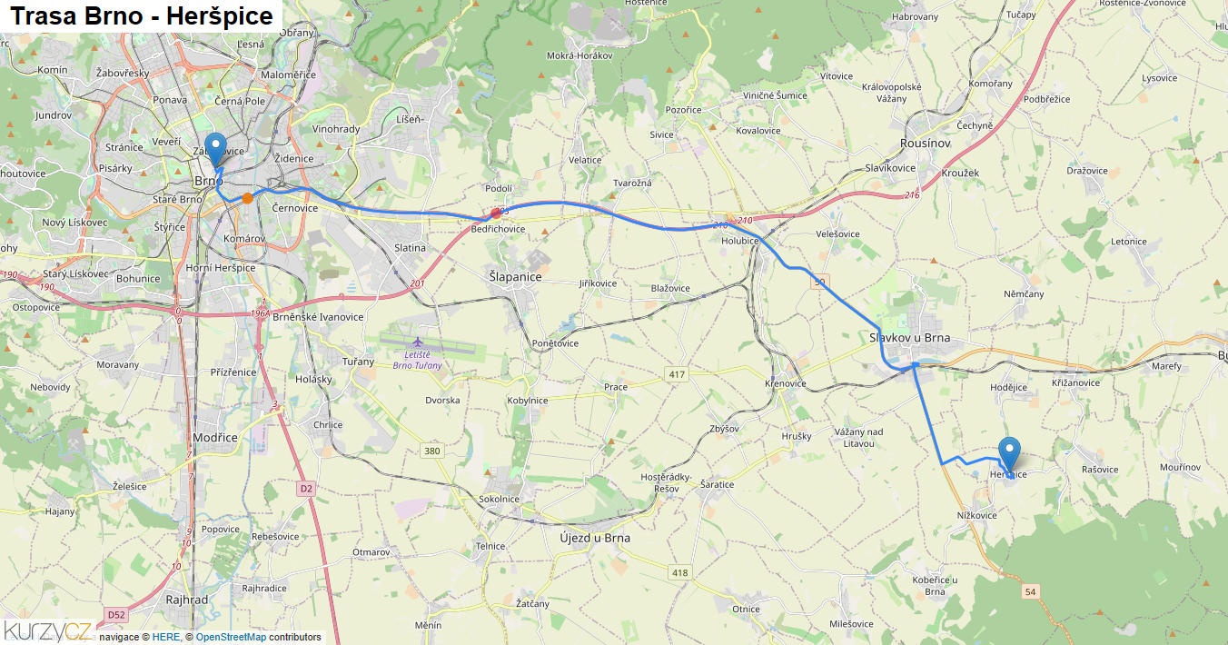 Brno-Heršpice, mapa trasy
