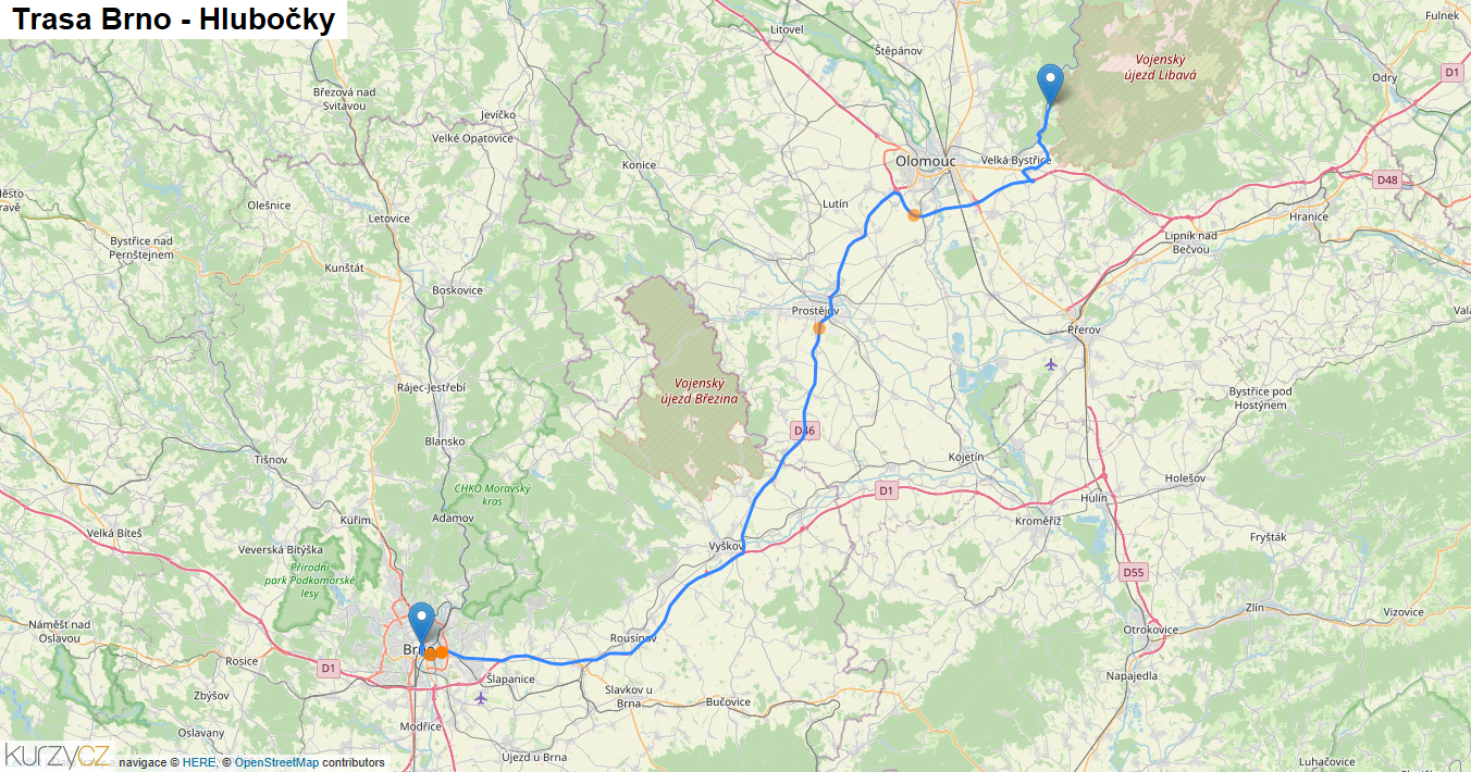 Brno-Hlubočky, mapa trasy