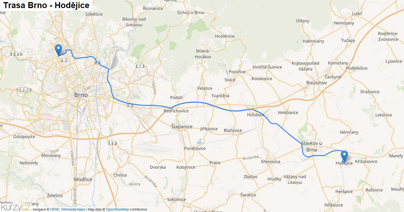 Brno-Hodějice, mapa trasy