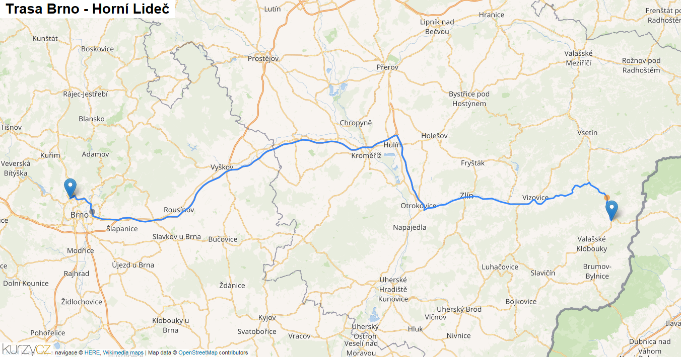 Brno-Horní Lideč, mapa trasy