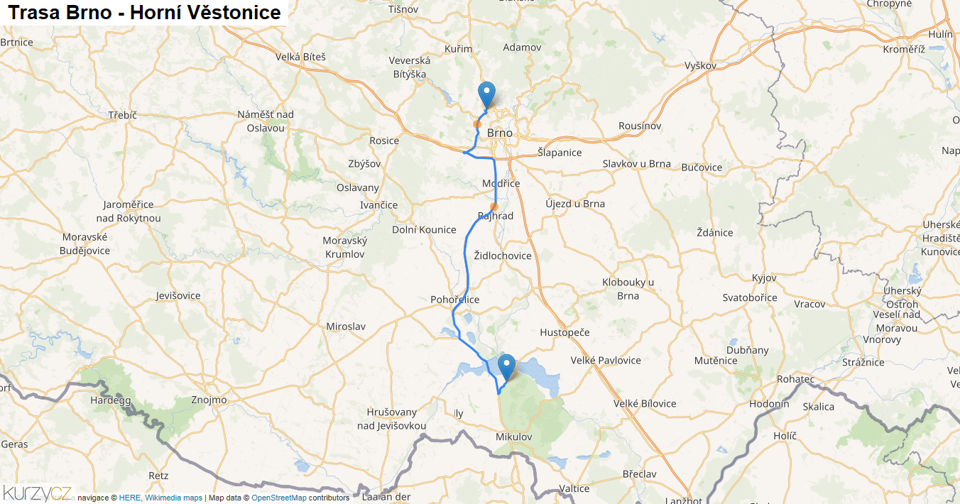 Brno-Horní Věstonice, mapa trasy