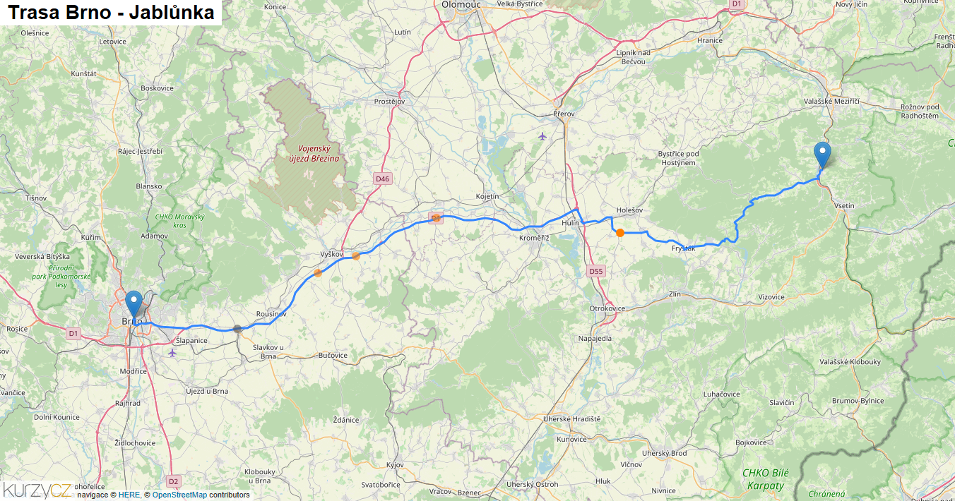 Brno-Jablůnka, mapa trasy