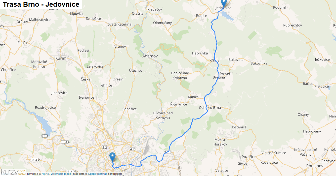Brno-Jedovnice, mapa trasy