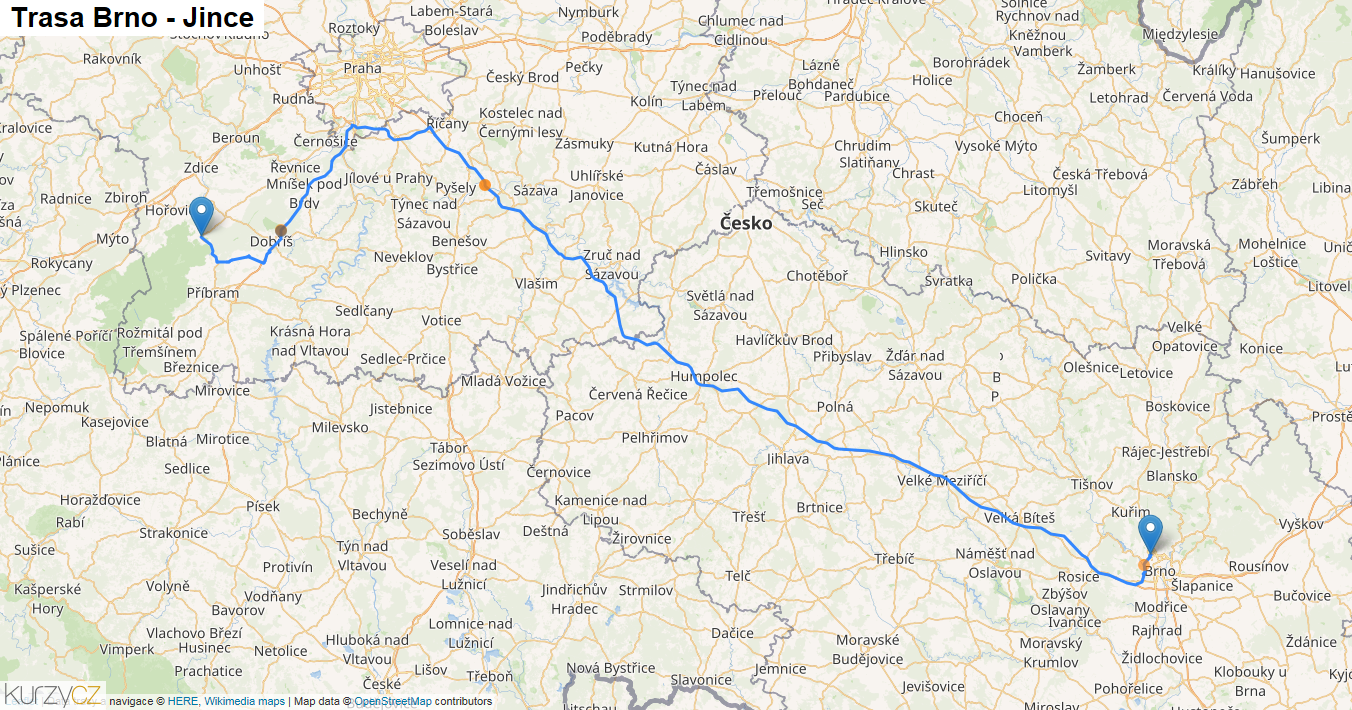Brno-Jince, mapa trasy