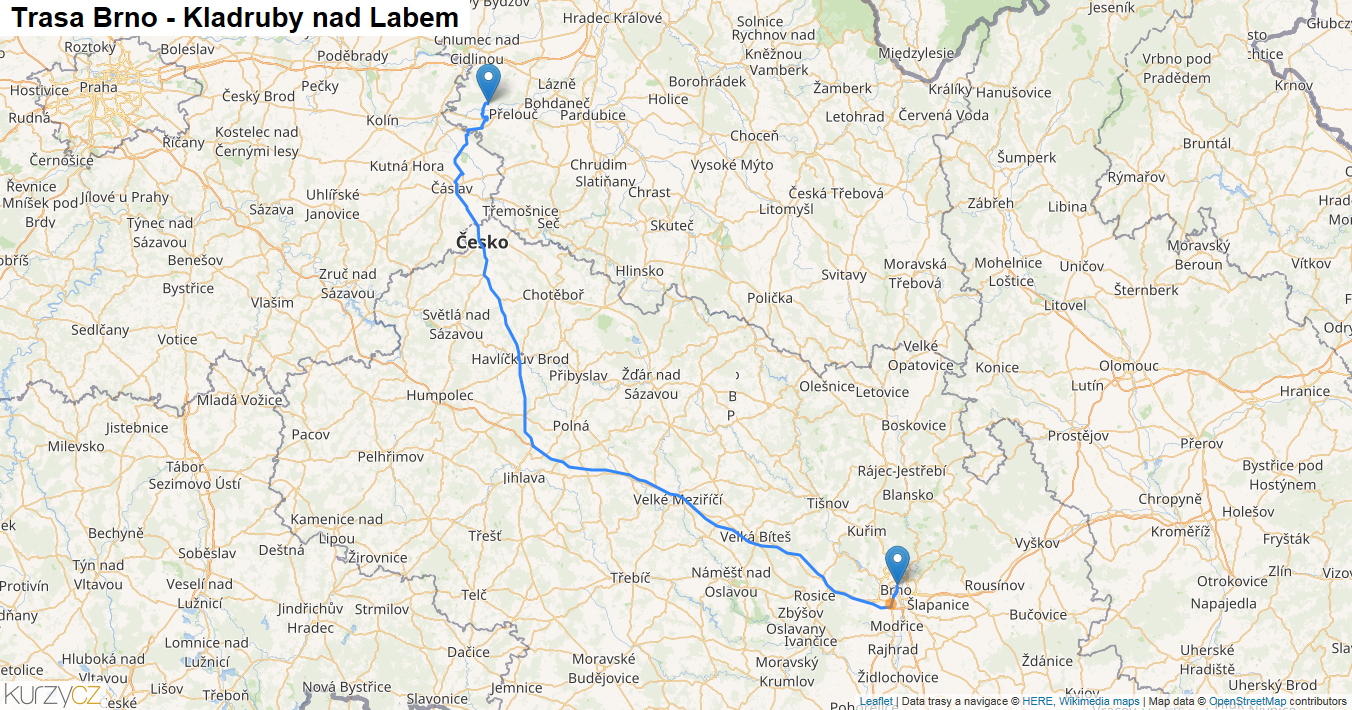 Brno-Kladruby nad Labem, mapa trasy