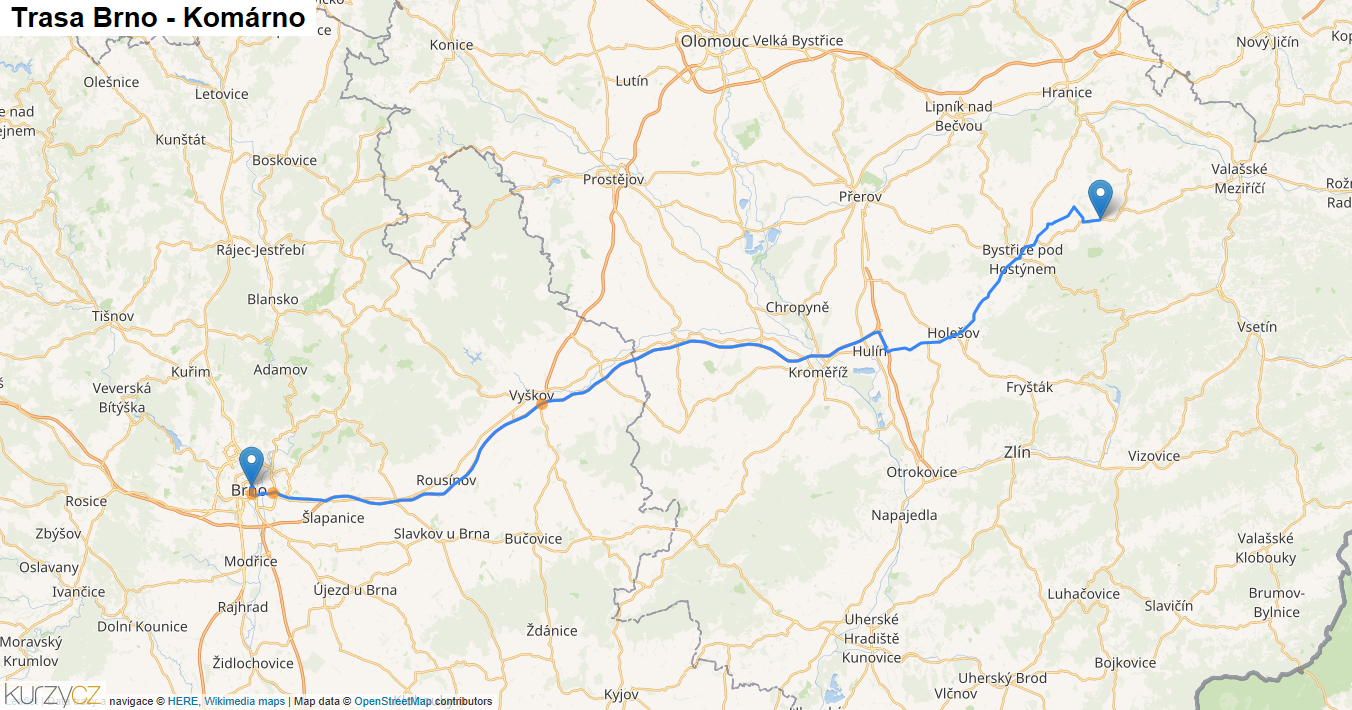 Brno-Komárno, mapa trasy